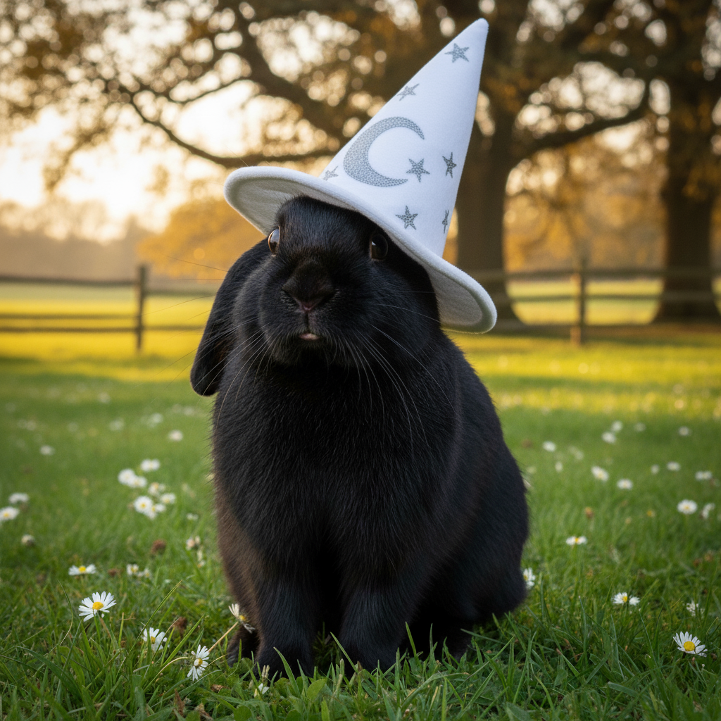 A black rabbit wearing a white wizard hat with a sardonic expression.